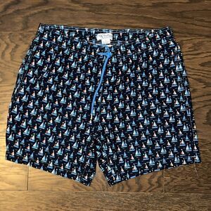 $75 Mr Swim The Dale lined resort boat sailboat blue swimming pool trunks shorts